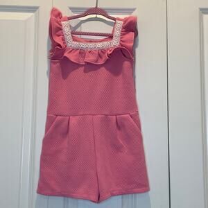 Janie Jack Girls Pink Textured Ruffle Romper Square Neck Lace Trim Pockets Sz 5